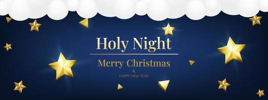 Blue sky with clouds Christmas background banner with 3d realistic golden stars sparkle. Light shining. Holy night horizontal gorgeous Christmas card. Winter season flyer Merry Christmas and New Year. vector