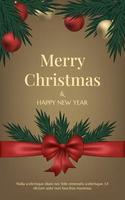 Postcard design Merry Christmas and Happy New Year. Christmas tree, glass gold balls and an elegant red bow with ribbons on a golden background. Spruce, cedar, pine fir tree branch. Banner template. vector
