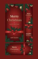 Set of three postcards Merry Christmas and Happy New Year. Christmas tree, glass gold balls and an elegant red bow with ribbons on a red background. Spruce, cedar, pine branch. Banner template. vector