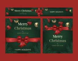 Set of three postcards Merry Christmas and Happy New Year. Christmas tree, glass gold balls and an elegant red bow with ribbons on a green background. Spruce, cedar, pine branch. Banner template. vector