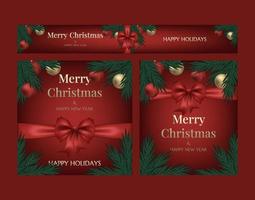 Set of three postcards Merry Christmas and Happy New Year. Christmas tree, glass gold balls and an elegant red bow with ribbons on a red background. Spruce, cedar, pine branch. Banner template.