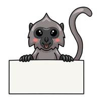 lindo pequeño mono langur gris de dibujos animados con signo en blanco vector