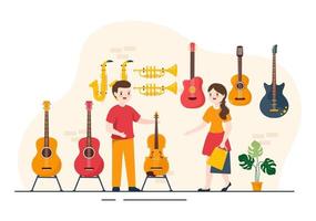 tienda de música con varios instrumentos musicales, cd, cintas de cassette y grabaciones de audio en ilustración de plantilla dibujada a mano de dibujos animados de estilo plano vector