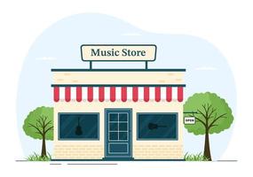 tienda de música con varios instrumentos musicales, cd, cintas de casete y grabaciones de audio en una ilustración de plantilla dibujada a mano de dibujos animados de estilo plano vector