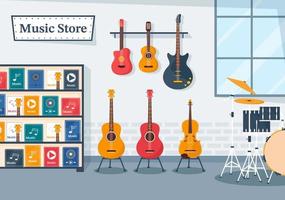 Music Store with Various Musical Instruments, CD, Cassette Tapes and Audio Recordings in Flat Style Cartoon Hand Drawn Template Illustration vector