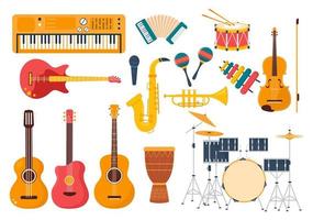 tienda de música con varios instrumentos musicales, cd, cintas de casete y grabaciones de audio en una ilustración de plantilla dibujada a mano de dibujos animados de estilo plano vector