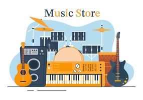 tienda de música con varios instrumentos musicales, cd, cintas de casete y grabaciones de audio en una ilustración de plantilla dibujada a mano de dibujos animados de estilo plano vector