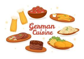 restaurante de comida alemana con una colección de deliciosa cocina tradicional y bebidas en dibujos animados planos dibujados a mano ilustración de plantillas vector