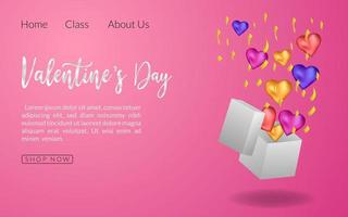 página de destino fondo rosa ilustración romántica, regalo de celebración de saludo decoración del día de san valentín aislado, saludo de corazón sorpresa vector