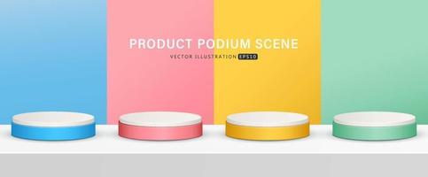 Set of realistic blue, pink, yellow and green cylinder pedestal podium with shadow isolated  in background for scene show product display. 3D vector