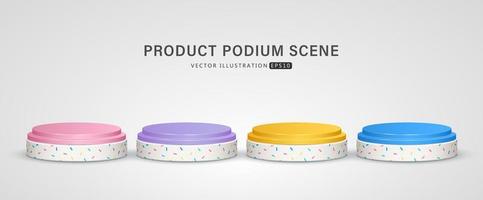 Set of realistic blue, pink, yellow and purple cylinder step pedestal podium with line seamless pattern  in background for scene show product display. 3D vector