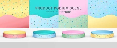 Set of realistic blue, pink, yellow and green cylinder pedestal podium with line seamless pattern  in background for scene show product display. 3D vector