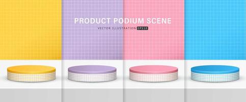 Set of realistic blue, pink, yellow and purple cylinder pedestal podium with checkered pattern in background for scene show product display. 3D vector