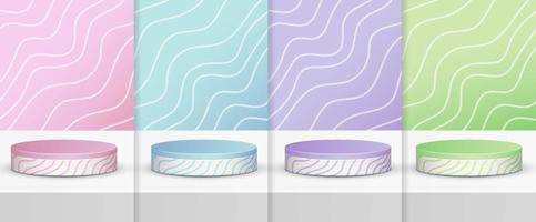 Set of realistic pink, blue, purple and green cylinder pedestal podium with line wave seamless pattern  in background for scene show product display. 3D vector