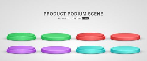 Set of realistic blue, red, purple and green cylinder step pedestal podium shadow isolate in white background for scene show product display. 3D vector