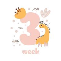 3 three week Baby girl anniversary card newborn metrics. Baby shower print with cute animal dino, flowers and palm capturing all special moments. Baby milestone card for newborn vector