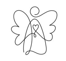 Simple vector Christmas angel with heart, continuous one line drawing, print for clothes and logo design, emblem or silhouette one single line, isolated abstract illustration