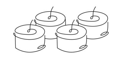 Four hand drawn one line candles vector icon. Continuous Christmas advent outline illustration for greeting card, web design isolated holiday invitation on white background