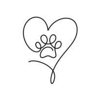 Cat or dog paw with big heart in continuous one line drawing logo. Minimal line art. Animal foorprint in frame. Pet love concept vector