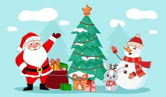 Santa Claus, rabbit and snowman are standing near the Christmas tree with gifts. The concept of the new year. Symbol of the year. A greeting card. Vector illustration