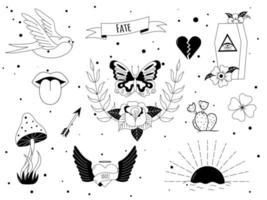 conjunto de tatuajes en y2k, estilo 1990, 2000. diseño de elementos emo goth con corazones en llamas, cuchillo, rosa, flor, mariposa, fuego, cráneo. tatuaje de la vieja escuela. ilustración vectorial vector