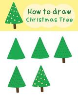 How to draw and paint christmas tree cartoon. Easy drawing for learning, play, education, art, kids vector