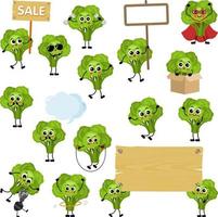 Set of digital elements with cute green broccolis mascot vector