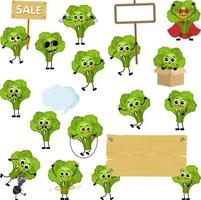 Set of digital elements with cute green broccolis mascot vector