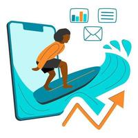 Young black man surfing on wave graphs from smratphone. Trend marks, arrow, mail, diagram, message icons. First steps in financial independance. Studying offering stock market. Vector illustration.