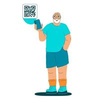 Bearded grandpa scan qr code. Seniors successfully using new technologies. Athletic looking happy elderly man uses smartphone for information or online shopping. Vector illustration.