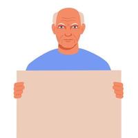 hombre mayor que muestra el tablero en blanco vacío. retrato de abuelo de cara neutral sosteniendo pancarta con espacio de copia. concepto de protesta o apoyo con hoja de viñeta. ilustración vectorial plana. vector