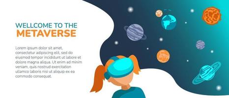 Girl in virtual reality headset immerse into meta universe with cosmos space planets stars. Virtual spacewalk in metaverse banner with copy space. Welcome to the metaverse vector illustration.