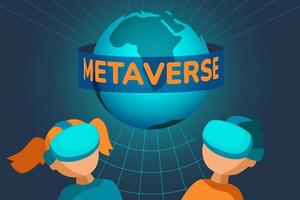 Children with VR glasses, boy and girl in virtual reality headset look on meta universe globe, metaverse script, cyber network web block chain concept. Vector illustration.