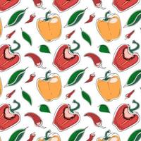 Vector seamless pattern with doodle style red and yellow peppers and leaves