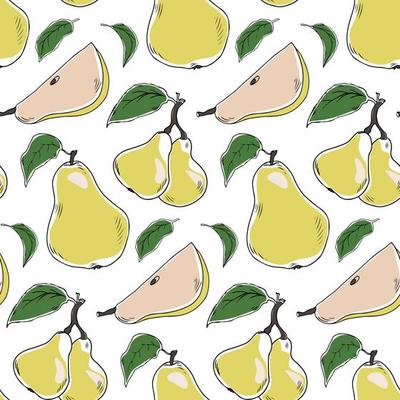 Vector seamless pattern with doodle style yellow pears and leaves