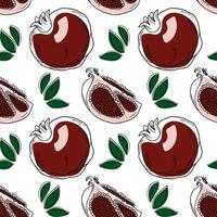 Vector seamless pattern with doodle style red pomegranates and leaves