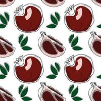 Vector seamless pattern with doodle style red pomegranates and leaves