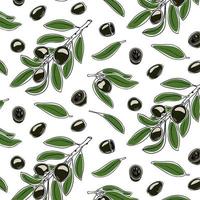 Vector seamless pattern with doodle style black olives and leaves