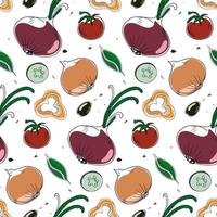 Vector seamless pattern with doodle style vegetables, onions, tomatoes, olives and cucumbers