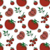 Vector seamless pattern with doodle style red tomatoes and leaves