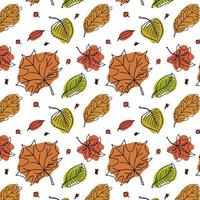 Vector seamless pattern with colorful autumn leaves in hand drawn doodle style.