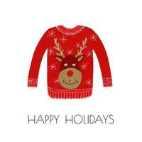 Illustration of ugly sweater with deer and snowflakes isolated on white background with the text Happy holidays vector