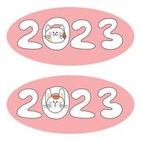 Numbers 2023. Numbers of the new year with the symbols of the year a cat and a hare peeking out from the number 0 with abstract ovals. Cartoon vector illustration.