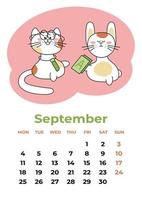 septiembre de 2023. hoja de calendario con símbolos de año aprendiendo letras. ilustración vectorial de dibujos animados. vector