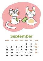 September 2023. Calendar sheet with year symbols learning letters. Cartoon vector illustration.