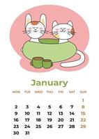 January 2023. Calendar sheet with cute symbols of the year wrapped in a blanket, cups of tea.Cartoon vector illustration.