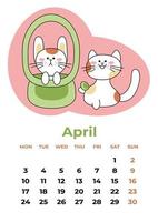 April 2023. Calendar sheet with a rabbit in a basket and a cat with an egg. Cartoon vector illustration.