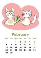 February 2023. Calendar sheet with a rabbit giving a gift to a cat for February 14th. Cartoon vector illustration.