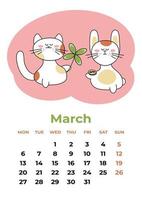 March 2023. Calendar sheet with year symbols, quatrefoil, coin. Cartoon vector illustration.