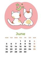 June 2023. Calendar sheet with the symbols of the year back to us, looking at the moon and stars. Cartoon vector illustration.